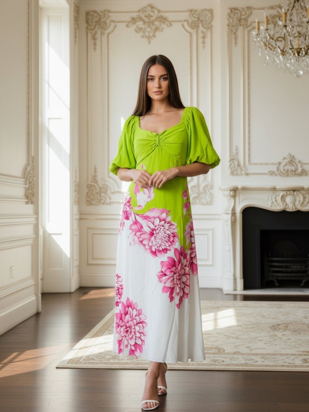Alex Marie Lime Green Maxi Dress with Pink Straps - Picture 8 of 15